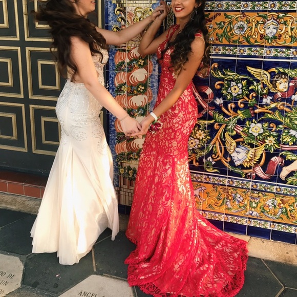 red lace prom dress